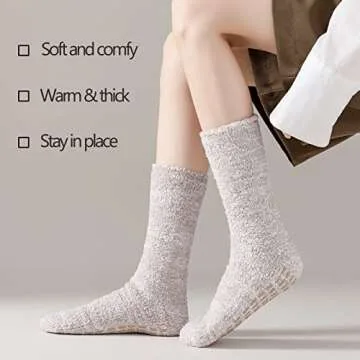 JORMATT 3 Pairs Women Grip Fuzzy Socks Non Skid Men Thick Cozy Slipper Hospital Socks with Grips,Men shoe size 4-7/Women size 4-8