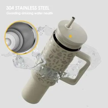 HBALNG 40 oz Insulated Stainless Steel Tumbler with Handle and Straw Lid Portable Travel Tumbler for Ice Drinks and Hot and Cold Beverages (Khaki leopard print)