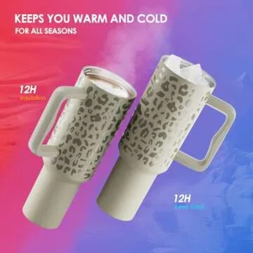 HBALNG 40 oz Insulated Stainless Steel Tumbler with Handle and Straw Lid Portable Travel Tumbler for Ice Drinks and Hot and Cold Beverages (Khaki leopard print)