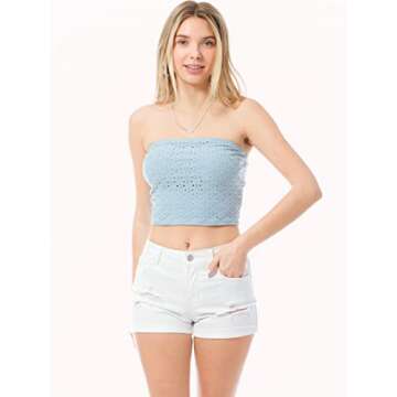 MixMatchy Women's Solid Textured Knit Bandeau Tube Crop Top Dusty Blue M