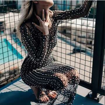 Willow Dance Women's Sheer Mesh Pearl Rhinestone Cover Up Beach Dress Swimwear Bikini Swimsuit Bathing Suit Coverups