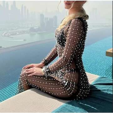 Willow Dance Women's Sheer Mesh Pearl Rhinestone Cover Up Beach Dress Swimwear Bikini Swimsuit Bathing Suit Coverups