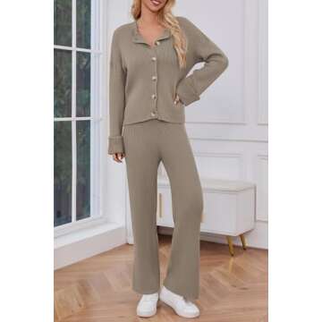 Cakulo Womens 2 Piece Outfits 2024 Lounge Sets Button Cardigan Knit Sweater Pants Loungewear Matching Set Apricot S