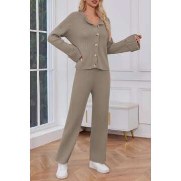 Cakulo Womens 2 Piece Outfits 2024 Lounge Sets Button Cardigan Knit Sweater Pants Loungewear Matching Set Apricot S
