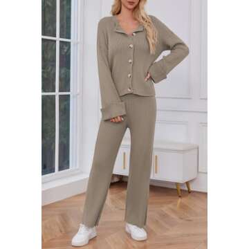 Cakulo Womens 2 Piece Outfits 2024 Lounge Sets Button Cardigan Knit Sweater Pants Loungewear Matching Set Apricot S