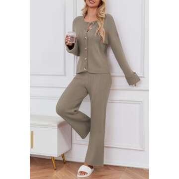 Cakulo Womens 2 Piece Outfits 2024 Lounge Sets Button Cardigan Knit Sweater Pants Loungewear Matching Set Apricot S