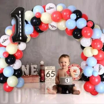 Fangleland Fast One Birthday Decorations, Vintage Race Car Balloon Garland Kit & Pastel Blue Yellow Fast One Backdrop with Checkered Flag - Number 1 Wheel Balloons for Boy’s 1st Birthday Supplies