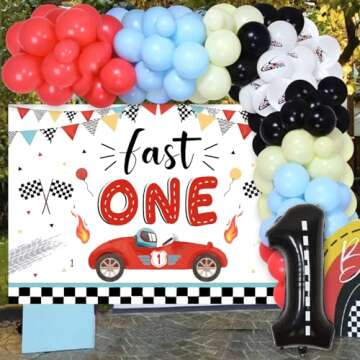 Fangleland Fast One Birthday Decorations, Vintage Race Car Balloon Garland Kit & Pastel Blue Yellow Fast One Backdrop with Checkered Flag - Number 1 Wheel Balloons for Boy’s 1st Birthday Supplies