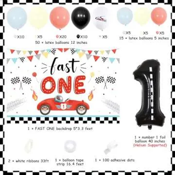 Fangleland Fast One Birthday Decorations, Vintage Race Car Balloon Garland Kit & Pastel Blue Yellow Fast One Backdrop with Checkered Flag - Number 1 Wheel Balloons for Boy’s 1st Birthday Supplies