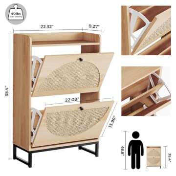 KFO Shoe Cabinet with 2 Handmade Natural Rattan Flip Drawers, Entryway Shoe Rack Storage Organizer for Sneakers, Leather Shoes, Slippers, Free Standing Shoe Racks……