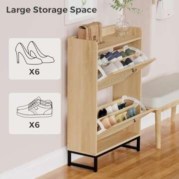 KFO Shoe Cabinet with 2 Handmade Natural Rattan Flip Drawers, Entryway Shoe Rack Storage Organizer for Sneakers, Leather Shoes, Slippers, Free Standing Shoe Racks……