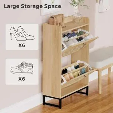 KFO Shoe Cabinet with 2 Handmade Natural Rattan Flip Drawers, Entryway Shoe Rack Storage Organizer for Sneakers, Leather Shoes, Slippers, Free Standing Shoe Racks……