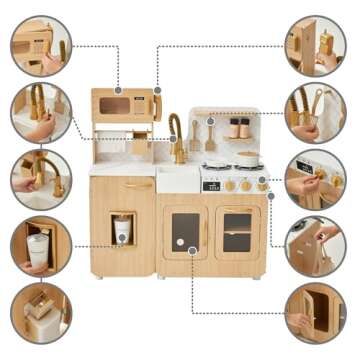 Teamson Kids Little Chef Cyprus Medium Wooden Play Kitchen with Interactive, Realistic Features, and 14 Kitchen Accessories for 3yrs and up, Light Oak/Faux White Marble/Gold