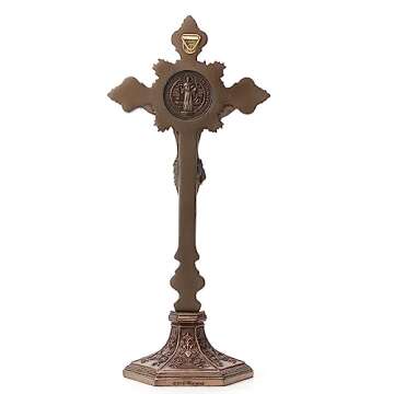 Elegant Saint Benedict Crucifix with Stand in Bronze Finish