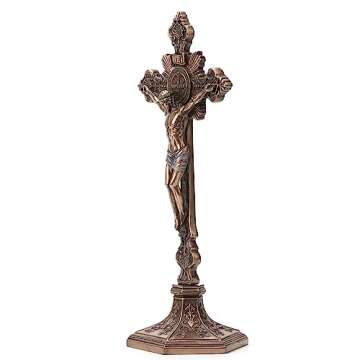 Elegant Saint Benedict Crucifix with Stand in Bronze Finish