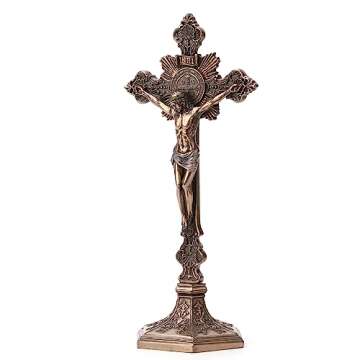 Elegant Saint Benedict Crucifix with Stand in Bronze Finish