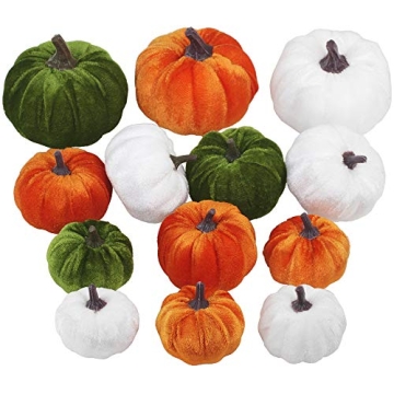 Winlyn 13 Pcs Assorted Mini Velvet Pumpkins Green Orange White Pumpkins for Halloween, Fall Thanksgiving Decorating Harvest Embellishing and Displaying