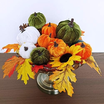 Winlyn 13 Pcs Assorted Mini Velvet Pumpkins Green Orange White Pumpkins for Halloween, Fall Thanksgiving Decorating Harvest Embellishing and Displaying