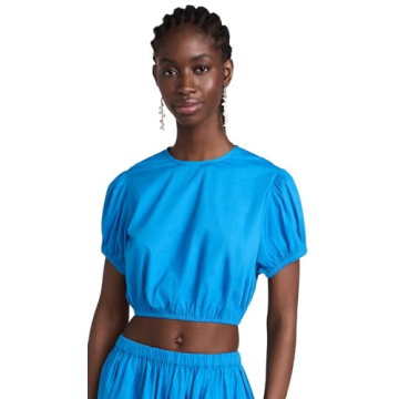 Playa Lucila Women's Crew Top - Lightweight Poplin with Puff Sleeves