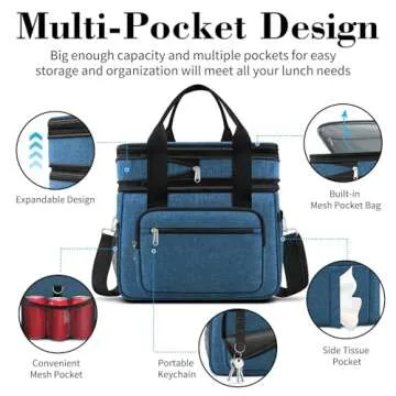 23L Extra Large Expandable Insulated Cooler Lunch Box for Men Double Deck Leakproof Heavy Duty Lunch Bag with 4 Ice packs&2 Snack Bags for Adult/Construction/Women/Work/Picnic/Camping - Blue