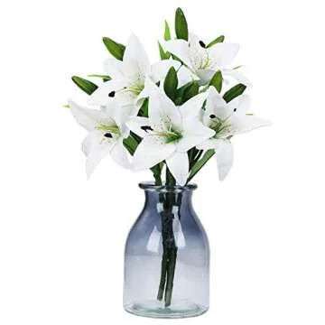 JEDAW Artificial Flowers Tiger Lily Real Touch Fake Flowers for Wedding Home Party Garden Shop Office Decoration Plastic Lily 5 Bouquets Faux Flowers. (White)