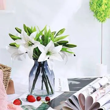 JEDAW Artificial Flowers Tiger Lily Real Touch Fake Flowers for Wedding Home Party Garden Shop Office Decoration Plastic Lily 5 Bouquets Faux Flowers. (White)
