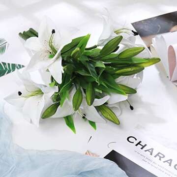JEDAW Artificial Flowers Tiger Lily Real Touch Fake Flowers for Wedding Home Party Garden Shop Office Decoration Plastic Lily 5 Bouquets Faux Flowers. (White)