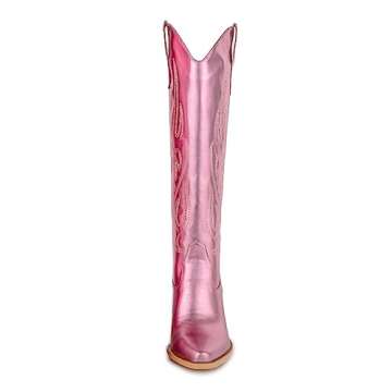 Pasuot Pink Cowgirl Boots for Women - Wide Calf CowboyKnee High Western Metallic Boots with Embroide...