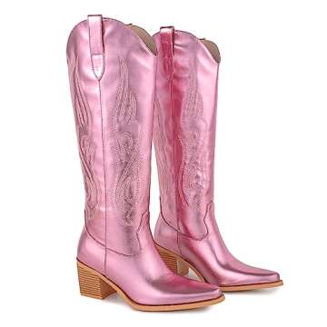 Pasuot Pink Cowgirl Boots for Women - Wide Calf CowboyKnee High Western Metallic Boots with Embroidery, Pointed Toe Chunky Heel Retro Classic Tall Boot Pull On for Ladies Fall Winter US 6.5