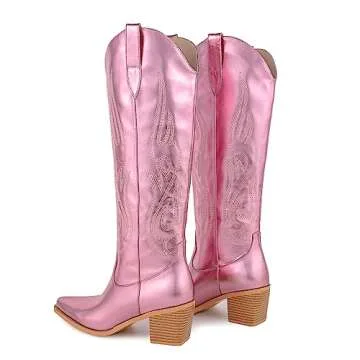 Pasuot Pink Cowgirl Boots for Women - Wide Calf CowboyKnee High Western Metallic Boots with Embroidery, Pointed Toe Chunky Heel Retro Classic Tall Boot Pull On for Ladies Fall Winter US 6.5