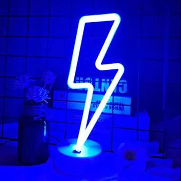 VIFULIN Lightning Bolt Neon Signs Lightning Neon Sign with Base for Bedroom LED Lighting for Room Decor for Teen Girls Gifts for Teenager Boys USB/Battery Cool Gaming Light with Holder(Blue)
