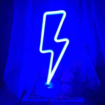VIFULIN Lightning Bolt Neon Signs Lightning Neon Sign with Base for Bedroom LED Lighting for Room Decor for Teen Girls Gifts for Teenager Boys USB/Battery Cool Gaming Light with Holder(Blue)