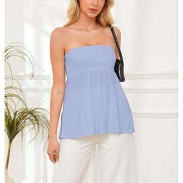 AIHUKOCY Women Smocked Back Ruffle Hem Tuba Bandeau Top Sleeveless Backless Strapless Peplum Solid Sexy Flowy Tank Tops Blue