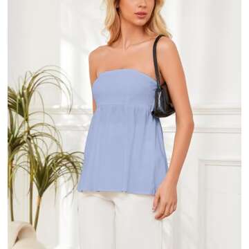 AIHUKOCY Women Smocked Back Ruffle Hem Tuba Bandeau Top Sleeveless Backless Strapless Peplum Solid Sexy Flowy Tank Tops Blue
