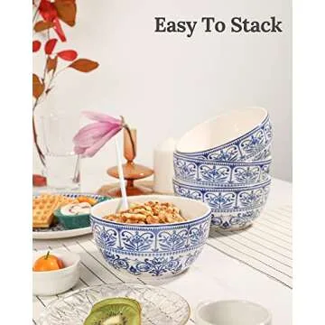 Sonemone Blue Cereal Bowls for Kitchen, 26oz Ceramic Bowls Set of 4 for Cereal, Salad, Soup, Pasta, Dessert, Microwave & Dishwasher Safe