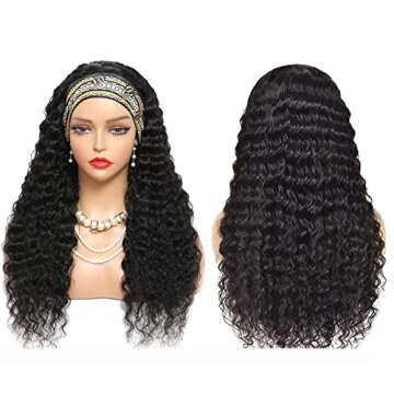 Aiterina Human Hair Wig Deep Wave 16 Inch Headband Wig Curly Hair Wig Machine Made Wig Non Lace Front for Women Natural Color