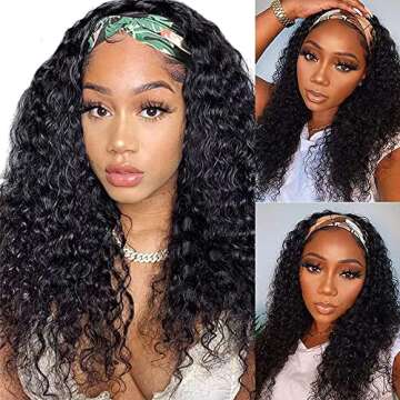 Aiterina Human Hair Wig Deep Wave 16 Inch Headband Wig Curly Hair Wig Machine Made Wig Non Lace Front for Women Natural Color