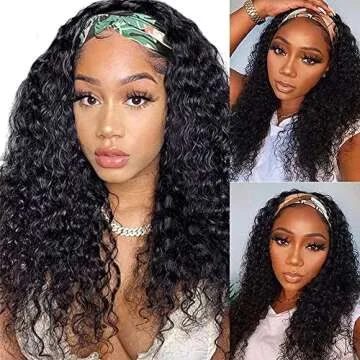 Aiterina Human Hair Wig Deep Wave 16 Inch Headband Wig Curly Hair Wig Machine Made Wig Non Lace Front for Women Natural Color