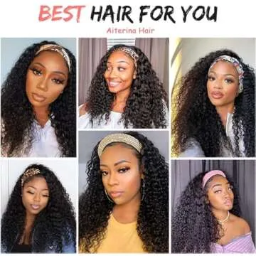 Aiterina Human Hair Wig Deep Wave 16 Inch Headband Wig Curly Hair Wig Machine Made Wig Non Lace Front for Women Natural Color