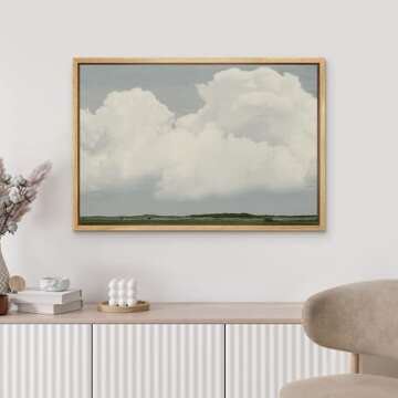 MUDECOR Framed Canvas Print Wall Art White Clouds Over Green Tree Landscape Nature Wilderness Illustrations Modern Art Farmhouse/Country Scenic Cool for Living Room, Bedroom, Office - 24"x36" Natural