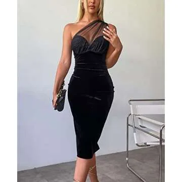 HTZMO Sexy Women's One Shoulder Backless Velvet Dress Back Zip Bodycon Elegant Party Midi Dresses Black