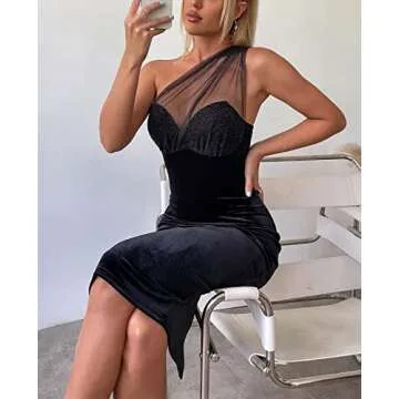 HTZMO Sexy Women's One Shoulder Backless Velvet Dress Back Zip Bodycon Elegant Party Midi Dresses Black