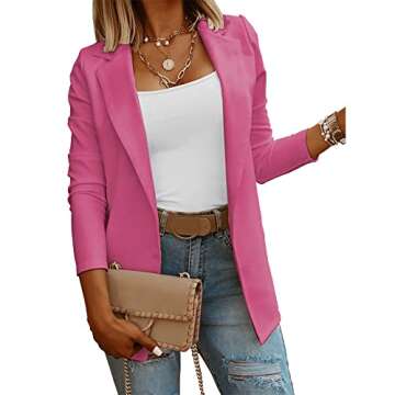 Womens Casual Long Sleeve Blazers Solid Color Knit Blazer Work Office Open Front Blazer Jacket Pink