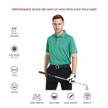 Mens Golf Shirts Moisture Wicking Dry Fit Short Sleeve Performance Sport Stripe Golf Polo Shirts for Men