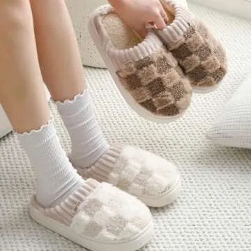 VTTDB Checkered Slipper House Slippers for Women Men Plush Warm Fuzzy Slippers Flyffy Bedroom Shoes Indoor Slip On