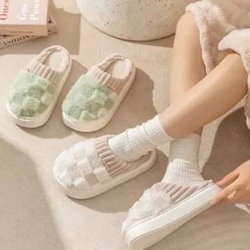 VTTDB Checkered Slipper House Slippers for Women Men Plush Warm Fuzzy Slippers Flyffy Bedroom Shoes Indoor Slip On