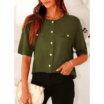 PRETTYGARDEN Women's Summer Button Down Shirts Casual Short Sleeve Crew Neck Ribbed Knit Blouse Top Cardigans