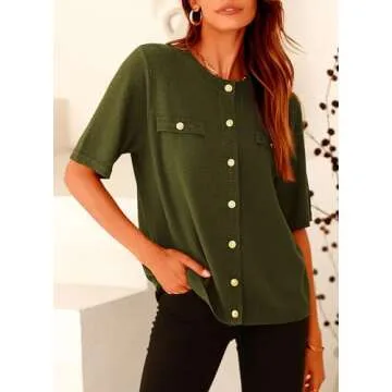 PRETTYGARDEN Women's Summer Button Down Shirts Casual Short Sleeve Crew Neck Ribbed Knit Blouse Top Cardigans