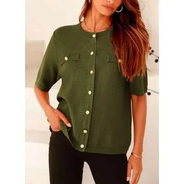 PRETTYGARDEN Women's Summer Button Down Shirts Casual Short Sleeve Crew Neck Ribbed Knit Blouse Top Cardigans