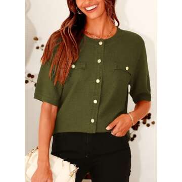 PRETTYGARDEN Women's Summer Button Down Shirts Casual Short Sleeve Crew Neck Ribbed Knit Blouse Top Cardigans